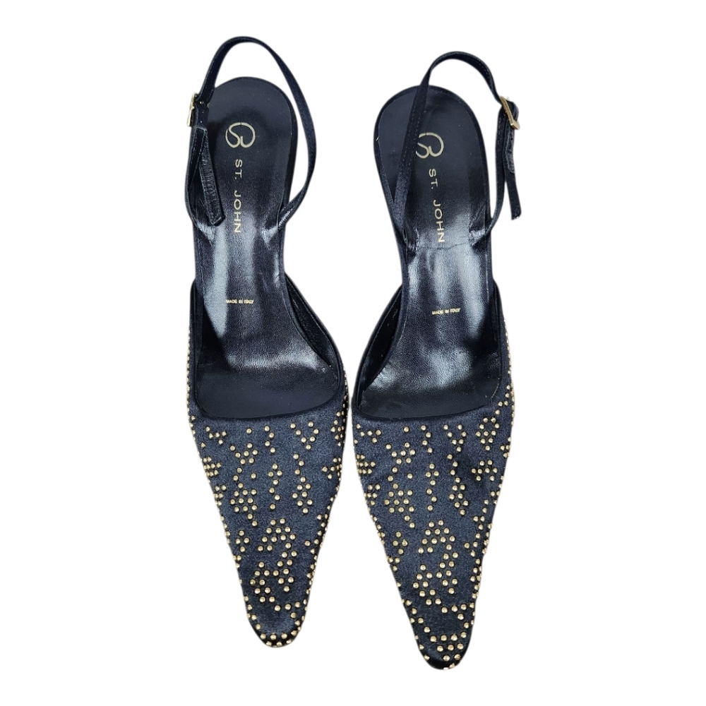 ST. JOHN Black and Gold Stud Slingback Heels (9) - Picture 2 of 7